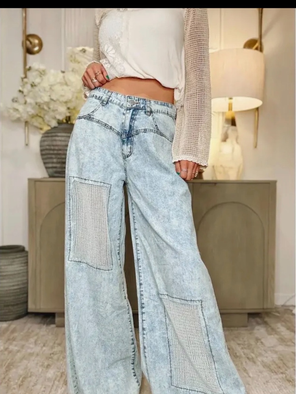 BAR x POL Light Blue Acid-Wash Wide Leg Jeans with Patch Panels